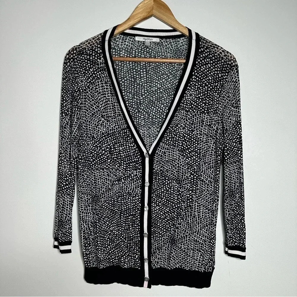 MaxMara Black/White Deep V-Neck Silky Cardigan Size Medium